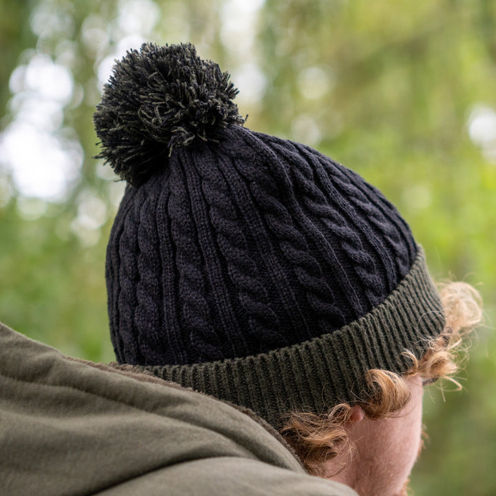 Slouchy Knit Bobble Hat - Black/Green