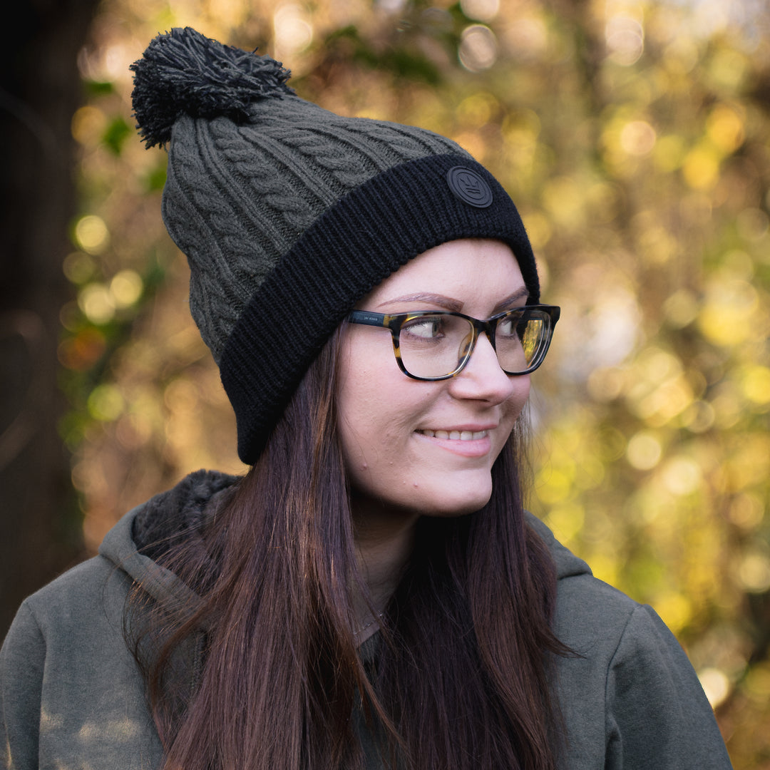 Slouchy Knit Bobble Hat - Green/Black