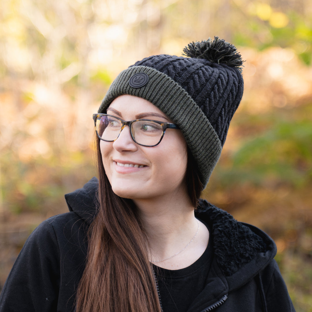 Slouchy Knit Bobble Hat - Black/Green